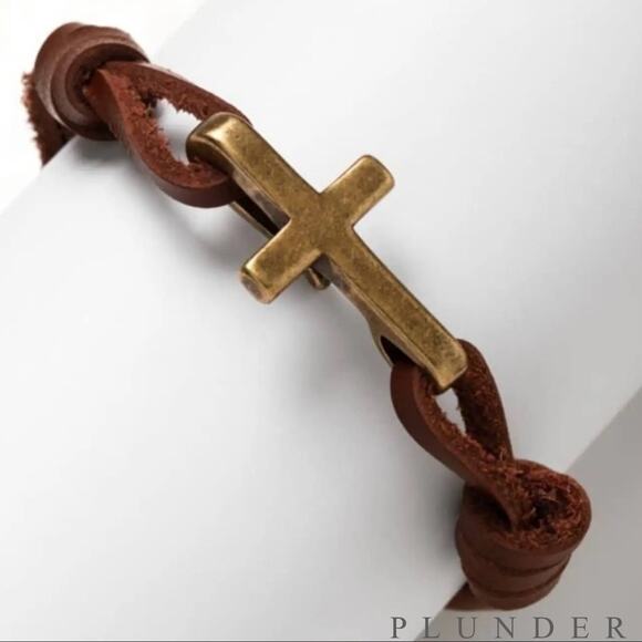 New Plunder "Selene" Leather Antique Gold Cross Cuff Bracelet (7") - Picture 1 of 5
